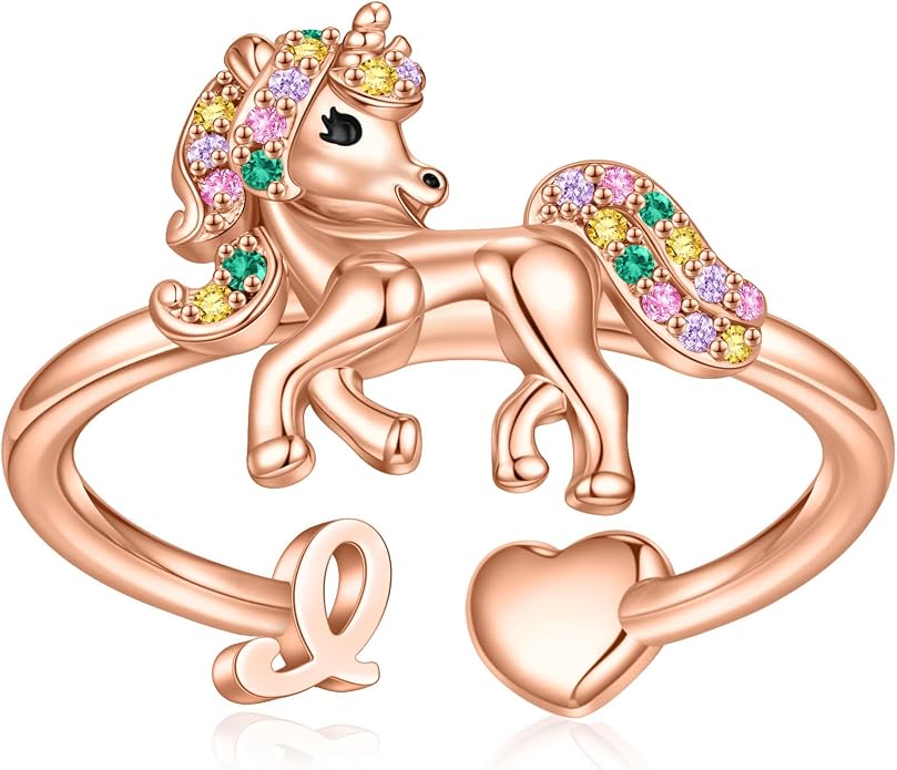 Unicorn Initial Rings for Teen Girls, Rose Gold/White Gold Plated Heart Initial Rings for Girls Adjustable Stackable Rings for Women Diny Heart Ring for Teen Girls Gifts Unicorns Gifts for Girls