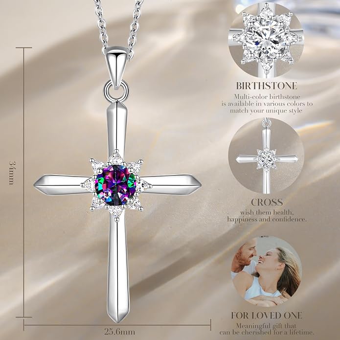 FANCIME Birthstone Cross Necklace for Women Sterling Silver Birthstone Necklace Halo Infinity Cross Pendant Necklace Fine Jewelry Valentines Day Gifts Birthday Holiday Gifts for Her, 16"+2" Inches
