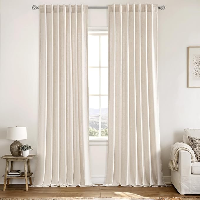 MIULEE Non-See-Through Privacy Linen Curtains 52W x 96L Inch Cream | 2 Panels, Light Filtering, Semi Sheer Window Curtains, Farmhouse Textured, Back Tab Drapes for Bedroom Living Room