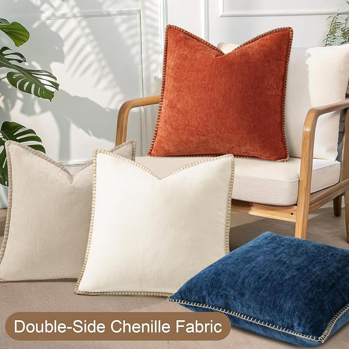 decorUhome Fall Soft Decorative Chenille Throw Pillow Covers 20x20 Set of 4 | Beige Rust Cozy Decorative Modern Farmhouse Neutral Pillow Cases with Stitched Edge for Couch Sofa Bed Living Room Home Decor