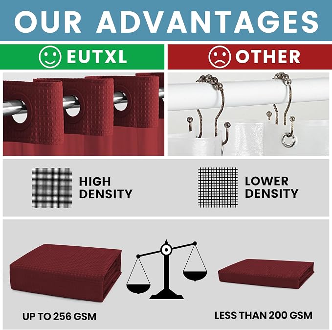 EUTXL Heavyweight Burgundy No Hook Shower Curtain with Snap in Liner,256GSM Waffle Weave Shower Curtains for Bathroom,71W x 74H