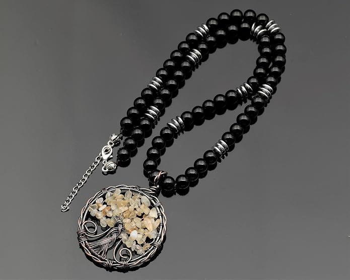 ElisaJewelryArt - Natural Amethyst Big Tree Of Life Pendant Black Onyx Stone Beaded Necklace Genuine Gemstone Feng Shui Stone Clasp Closure Necklace Unisex Necklace