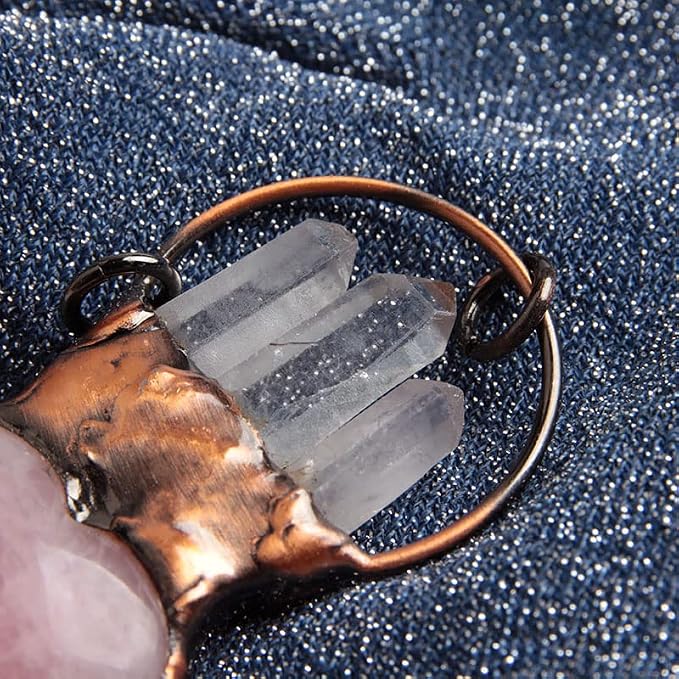 Acxico 1Pcs Natural Rose Quartz Crystal Heart Carved Pendant Clear Quartz Point Healing