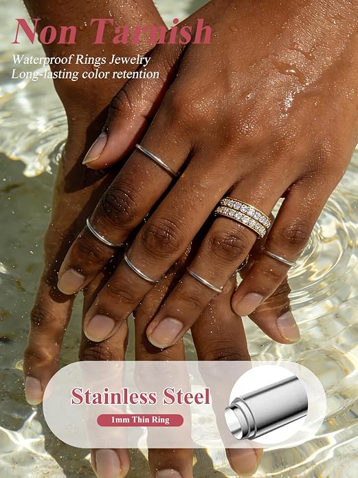 FOCALOOK 28 PCS Knuckle Ring Set 1MM Stainless Steel Women's Thin Plain Band Stacking Midi Finger Rings Set Comfort Fit Silver/Black/Gold/Rose Tone Size 4-10