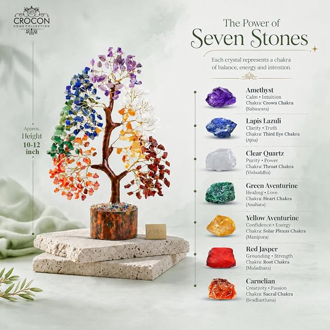 Crocon® 7 Chakra Crystal Tree of Life, Healing Crystals Tree 10-12 Inch, Birthday Gift for Women, Feng Shui, Money Trees, Positive Energy, Good Luck, Home Office Decor, Spiritual Gifts for Women