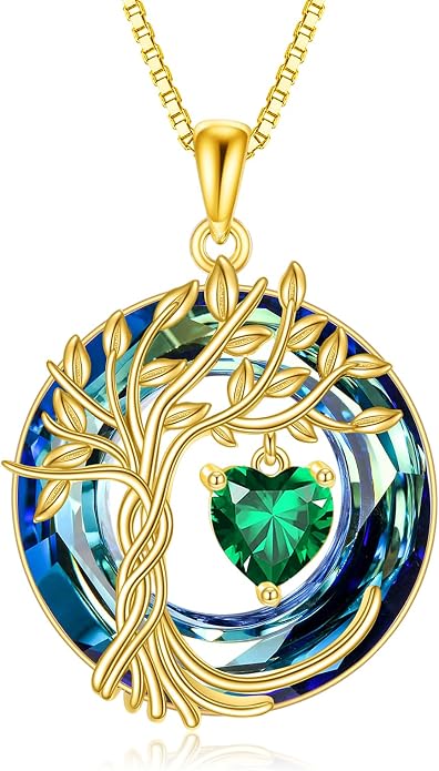 POPLYKE Mothers Day Gifts for Mom Her Wife Tree of Life Necklace 925 Sterling Silver Birthstone Pendant with Crystal Anniversary Birthday Wedding Jewelry for Women