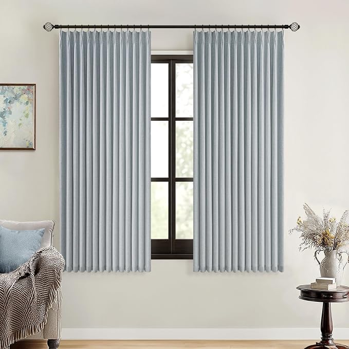 MIULEE Grayish Blue Pinch Pleated 100% Blackout Linen Curtains for Bedroom, Room Darkening Memory Trained Light Blocking Window Curtain 63 inches Long for Living Room, Black Out Pleat Drapes, 2 Panels