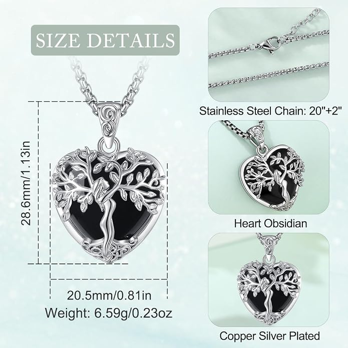 EUDORA Tree of Life Necklace with Moonstone Amethyst Obsidian Turquoise Healing Crystal for Women, Silver Plated Copper Mother Tree of Life Pendant Amulet Energy Jewelry, Gift for Women Mom, 20"+2"