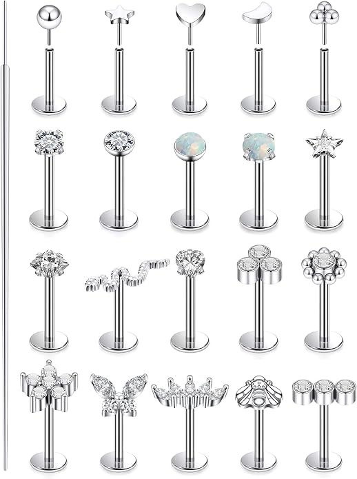 14K Gold Filled 20G 18G 16G Threadless Flat Back Earrings Studs Surgical Stainless Steel Opal CZ Push In Nose Rings Studs Tragus Helix Conch Cartilage Earrings Piercing Jewelry For Women Men
