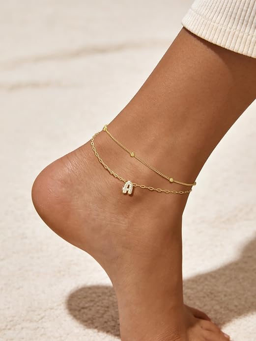 FindChic Silver/14K Gold Plated Layered CZ Initial Ankle Bracelet for Women | Waterproof Stainless Steel, Cubic Zirconia Letter Charm, Non-Tarnish, Hypoallergenic, Adjustable Extender, Summer Jewelry