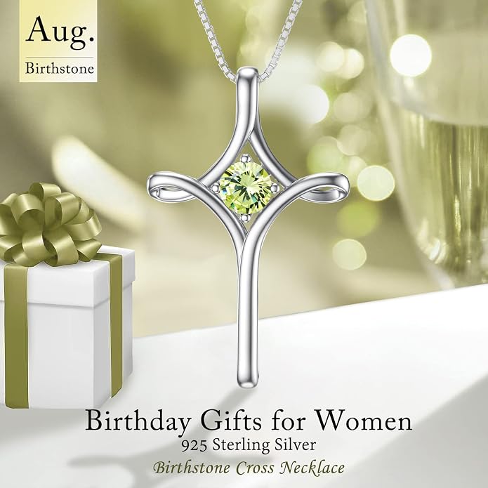TOUPOP Cross Necklace for Women 925 Sterling Silver Birthstone Cross Pendant Fine Jewelry Anniversary Birthday Mothers Day Gifts for Mom Wife Her