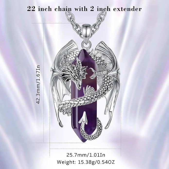 INFUSEU Unique Dragon Necklaces with Healing Crystal Stone for Men Women, Personalized Spiritual Gifts, 24 Inch Chain