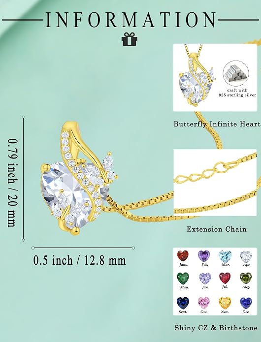 Butterfly Necklaces for Women Sterling Silver Infinity Heart Pendant Birthstone Jewelry Gift with 14k Yellow Gold/Rose Gold Plated