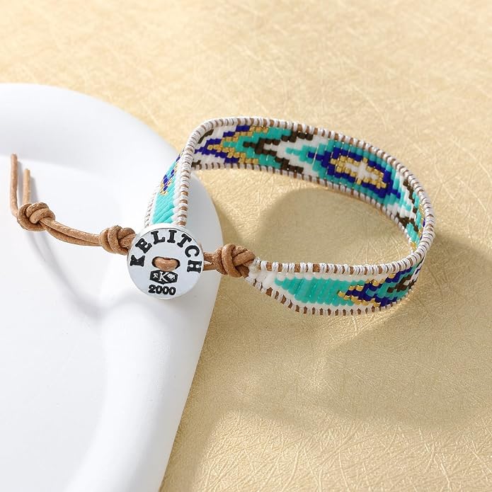 KELITCH Crystal Miyuki Beads Stretch Friendship Bracelets Handmade Leather Wrap Bracelets for Women