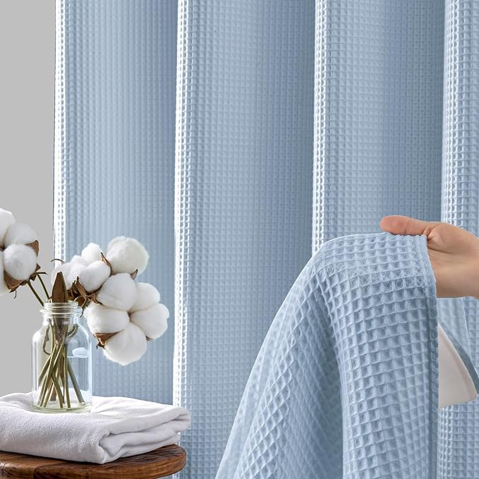 River Dream Cotton Blend Shower Curtain Set with Liner, Misty Blue, 54x80 | Waffle Weave, No Hook Needed, with Snap in Replacement Liner, Top Sheer Window, Hotel Quality Fabric for Bathroom
