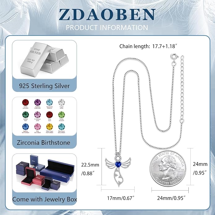 925 Sterling Silver Guardian Angel Pendant Necklace for Women - Birthstone Cubic Zirconia, 18" Chain, Gift for Her
