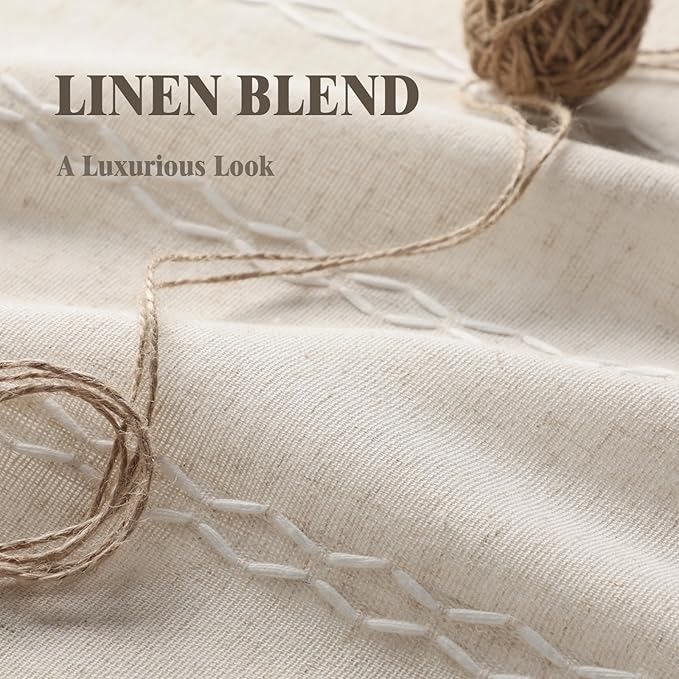 Ivory Boho Blackout Curtains 2 Panels 72 Inch for Living Room Bedroom, Beige Linen Texture Farmhouse Curtains with Tassels and Cotton Embroidery Vintage Rustic Western Rod Pocket