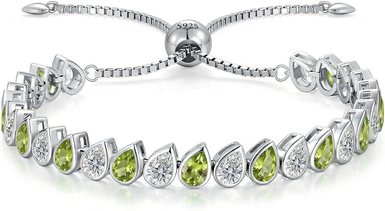 Birthstone Tennis Bracelet for Women 925 Sterling Silver Pear Shaped Gemstone Inlaid White Gold Plated Adjustable Chain Gifts for Mom Wife
