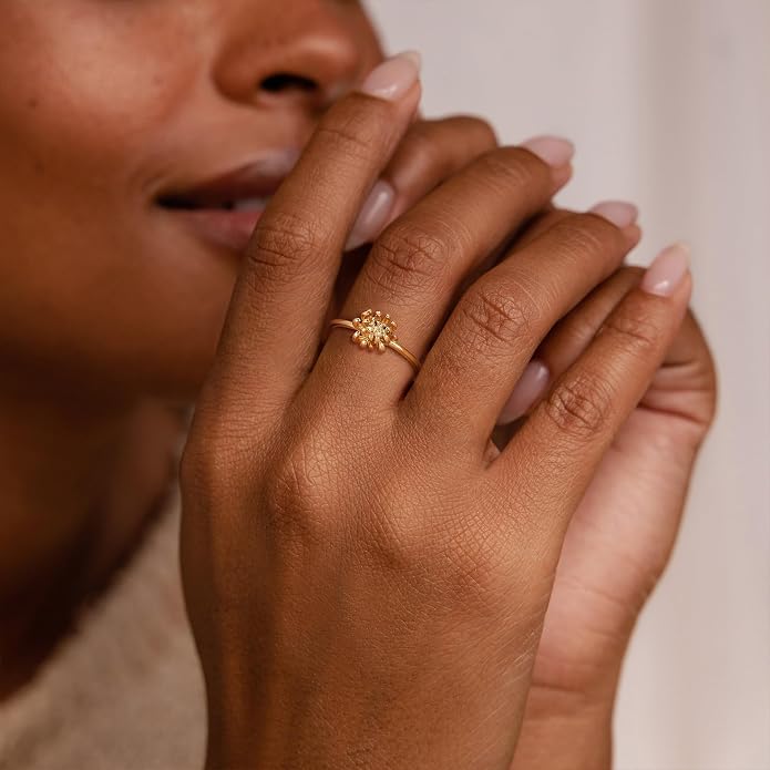 Birth Flower Ring for Women 14K Gold Plated Floral Minimalist Stackable Finger Jewelry Birthday Gifts