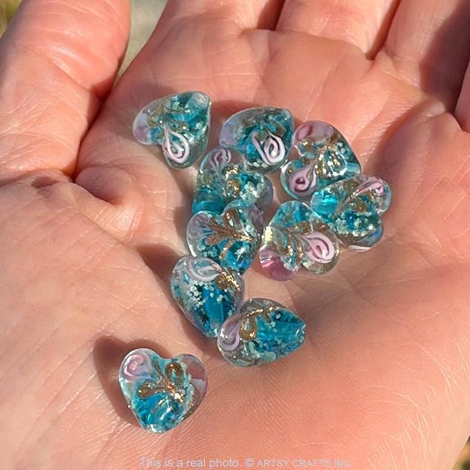Artsy Crafts 12 Pcs Heart Shaped Glow in The Dark Firefly Beads 12mm European Lampwork Luminous Glass Beads for Jewelry Making Charm Bracelet Necklace Earrings Crafts (Heart - Blue)