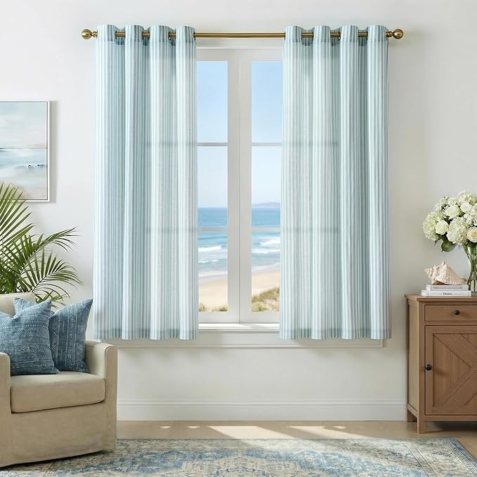 Vangao Linen Striped Curtains for Living Room Bedroom Farmhouse Tickingstripe Light Filtering Window Curtains Printed Drapes Grommet Top 2 Panels Aqua Blue on Off White W50 x L63 Inch