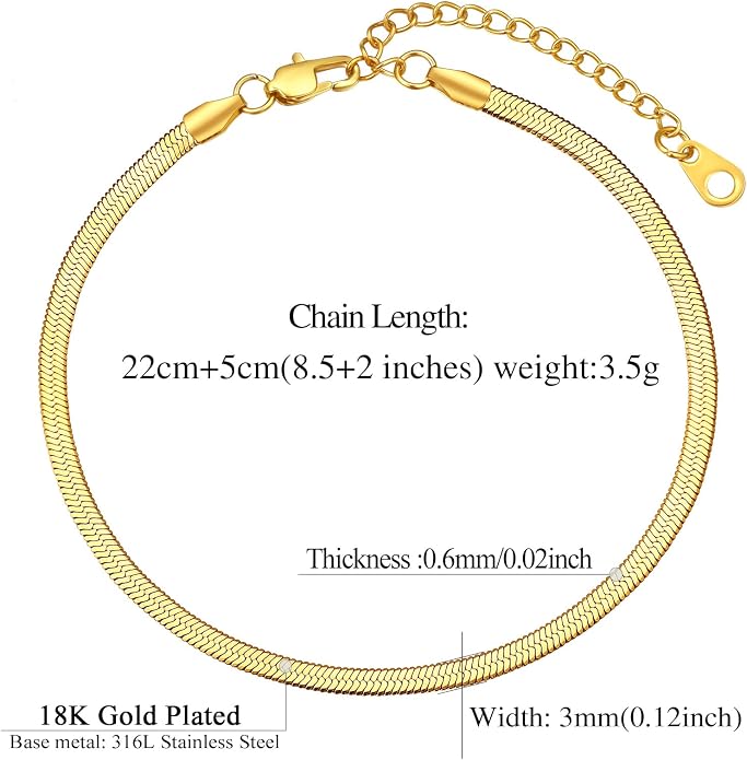 FindChic Elegant Herringbone Snake Chain Anklets/Bracelets 3MM/5MM Width Stainless Steel/18K Gold/Rose Gold Plated/Black 4 Color Options, 8.3'' 8.5'' 10.5'' Length, with Gift Box
