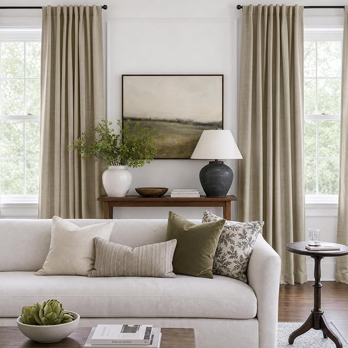100% Blackout Shield Linen Blackout Curtains for Bedroom 108 Inches Long, Back Tab/Rod Pocket Living Room Drapes, Thermal Insulated Blackout Curtains 2 Panels Set, 50" W x 108" L, Plaza Taupe