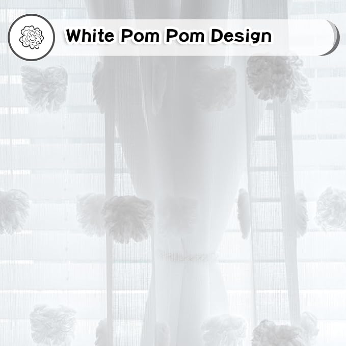 MYSKY HOME White Curtains for Living Room 84 Inches Long Double Layer Nursery Curtain for Kids Bedroom White Pom Pom Sheer Back Tab Light Filtering Privacy Protect Window Drapes 2 Sets, 52 x 84 in