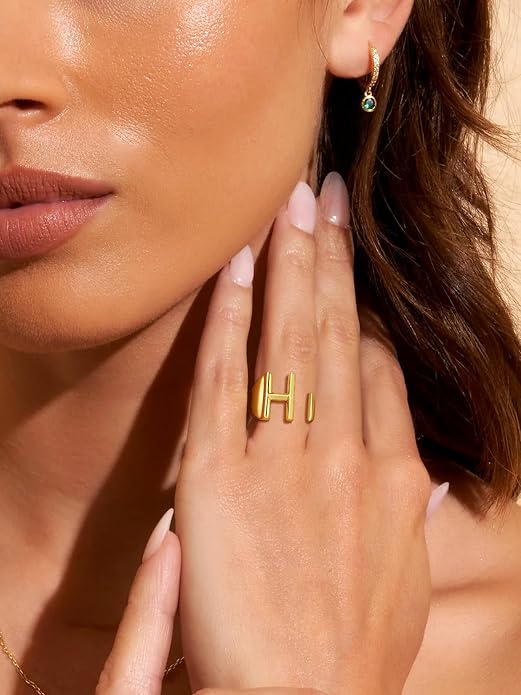 Suplight Nikel Free 18K Gold Plated Letter Rings, Fashion Monogram Jewelry Statement A-Z Wide Name Initial Alphabet Adjustable Open Ring for Women