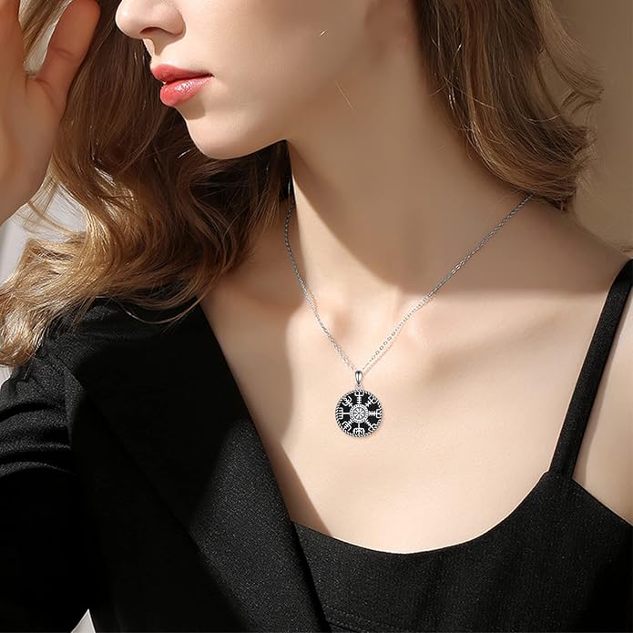 Viking Compass Necklace Sterling Silver Runes Vegvisir Pendant Necklace Mothers Day Jewelry Gift for Women Mom