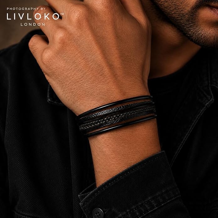 LONDON Mens Bracelet Leather Black Multi-Layer Stone Beads Adjustable Steel Clasp Viking Rope Bands Surfer Man Wristband Male UK Jewellery Gift box Boyfriend Dad Son Brother Tiger Eye