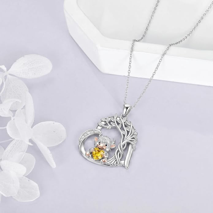 PELOVNY Teddy Bear Necklace for Women 925 Sterling Silver Bear/Highland Cow/Fox/Cat/Axolotl Birthstone Necklace Christmas Birthday Jewelry Gifts for Mom Daughter Wife Sister
