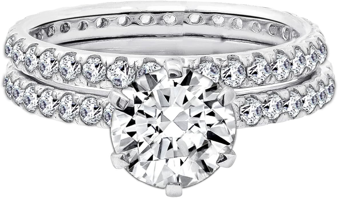 Amazon Essentials Platinum or Gold Plated Sterling Silver Round Ring Set made with Infinite Elements Zirconia