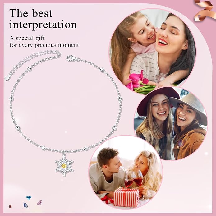 FLYOW S925 Sterling Silver Anklet for Women Summer Boho Beach Charm Adjustable Foot Ankle Bracelet Jewelry Birthday Gift