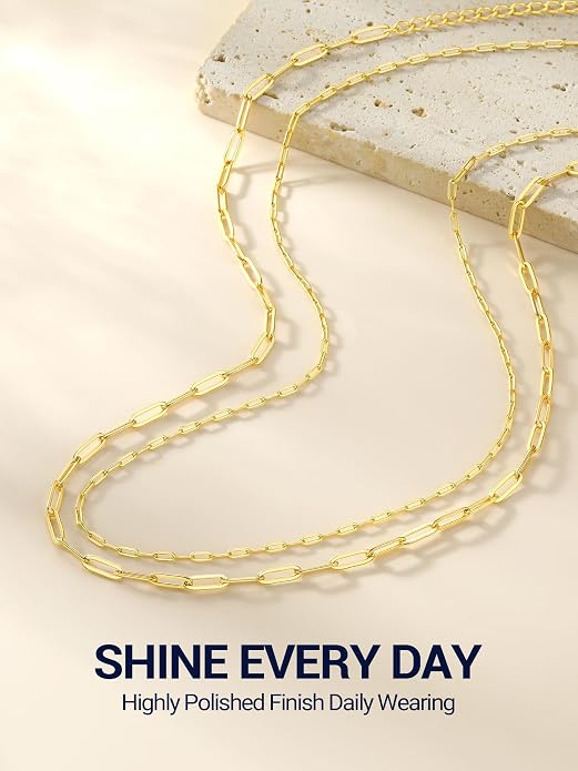 PROSILVER 925 Sterling Silver Paperclip Chain Necklace for Women Jewelry, with Gold/Rose Gold Plated, W: 1.7mm/3.3mm, L: 14"/16"/18"/20"/22"/24", Adjustable, Come with Box