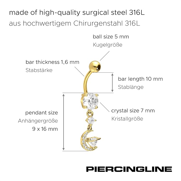 PIERCINGLINE Belly Button Piercing CRYSTAL MOON + CRYSTAL HEART surgical steel, skin-friendly