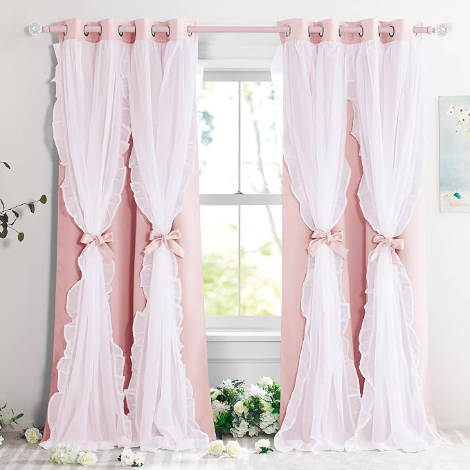 PONY DANCE Girls Curtains for Bedroom Decorative Drapes for Kids Double Layer Curtain Ruffle Sheer Overlay Room Darkening Pretty Chic Princess, 52x95 inch, Rose Blush, 2 PCs
