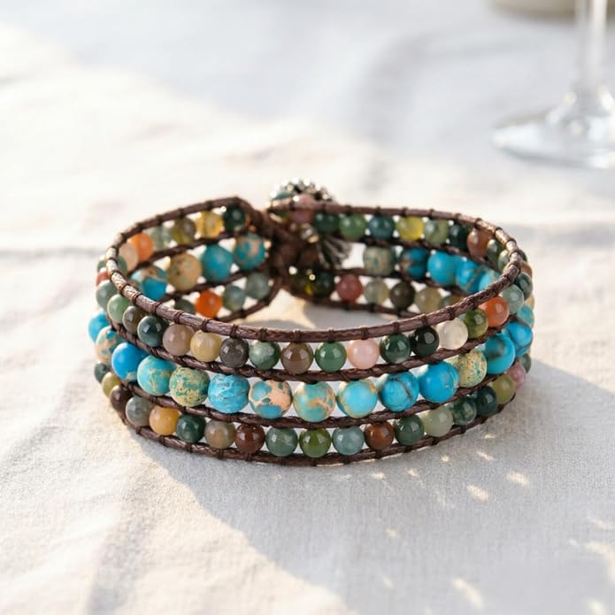 YGLINE Boho Handmade Natural Stone Bead 3 Row Wide Wrap Wrist Statment Bracelet Jewelry Collection
