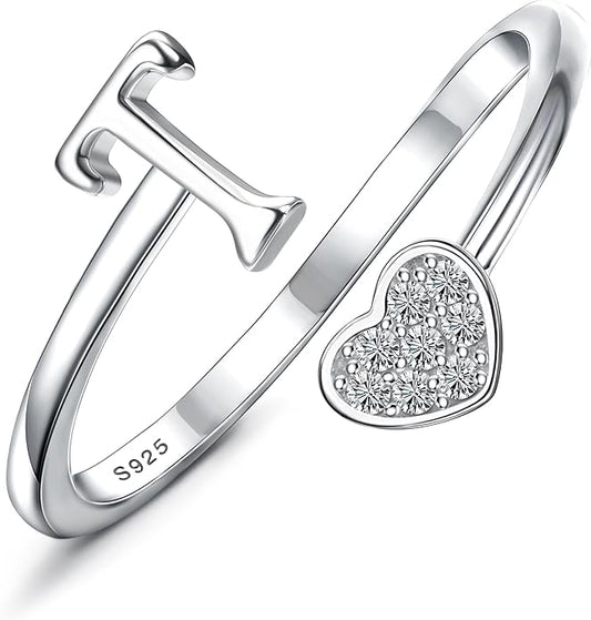 MILACOLATO 925 Sterling Silver Initial Rings for Women Teen Girl 18K Gold Plated Heart Initial Rings Adjustable Capital Letter Ring Stackable Thumb Pinky Rings for Daughter Birthday Bridesmaid Gifts Jewelry, A to Z