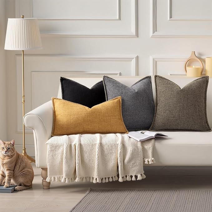 decorUhome Black Faux Linen Outdoor Throw Pillow Covers 18x18 Set of 2 | Fall Decorative Textured Neutral Modern Farmhouse Pillow Covers with Stitched Edge for Couch Sofa Bed Living Room