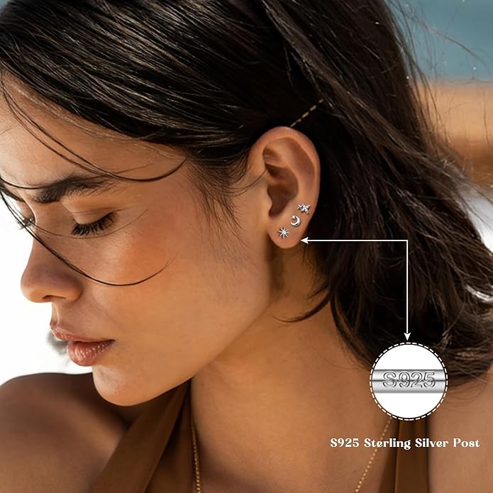 14K Gold Plated Solid 925 Sterling Silver Post Flat Back Earrings Stud | Cartilage Helix Conch Tragus Piercing Jewelry 3 Pairs Tiny Screw Dainty CZ Opal Earring Set Men Women