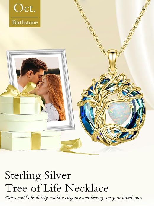 TOUPOP Tree of Life Birthstone Necklace Sterling Silver Pendant Birthstone Necklaces with Blue Crystal Anniversary Birthday Jewelry for Women Mom Wife Her