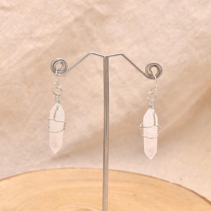Polished Stone Wire Wrapped Point Crystal Earrings for Women Reiki Energy Healing