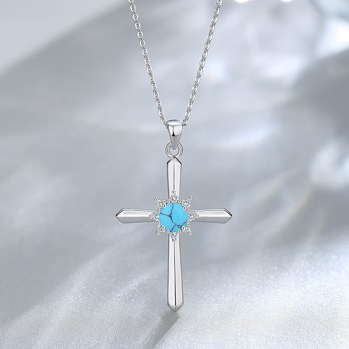 FANCIME Birthstone Cross Necklace for Women Sterling Silver Birthstone Necklace Halo Infinity Cross Pendant Necklace Fine Jewelry Valentines Day Gifts Birthday Holiday Gifts for Her, 16"+2" Inches