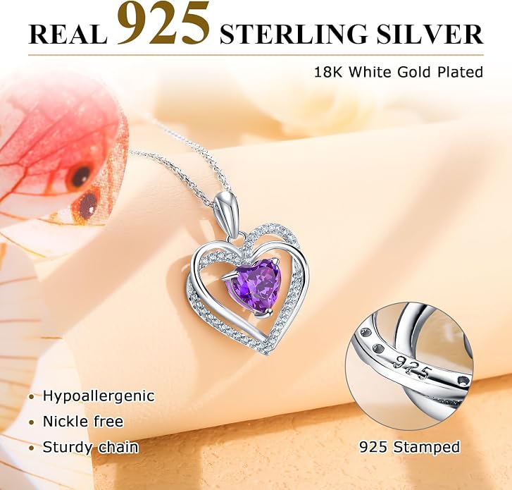 Anniversary Charm Necklace, Sterling Silver 14K Gold Plated Chain with Interlocking Heart Pendant Elegant Birthstone Necklaces for Women, Length 18"