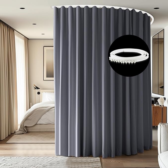 Room Divider Ceiling Mounted Curtains Track Sets Extra Wide Blackout Curtain Flexible Tracks for Bedroom Privacy Partition Separator, 1 Panel Grey Drape and White Rail, W10 x H7ft