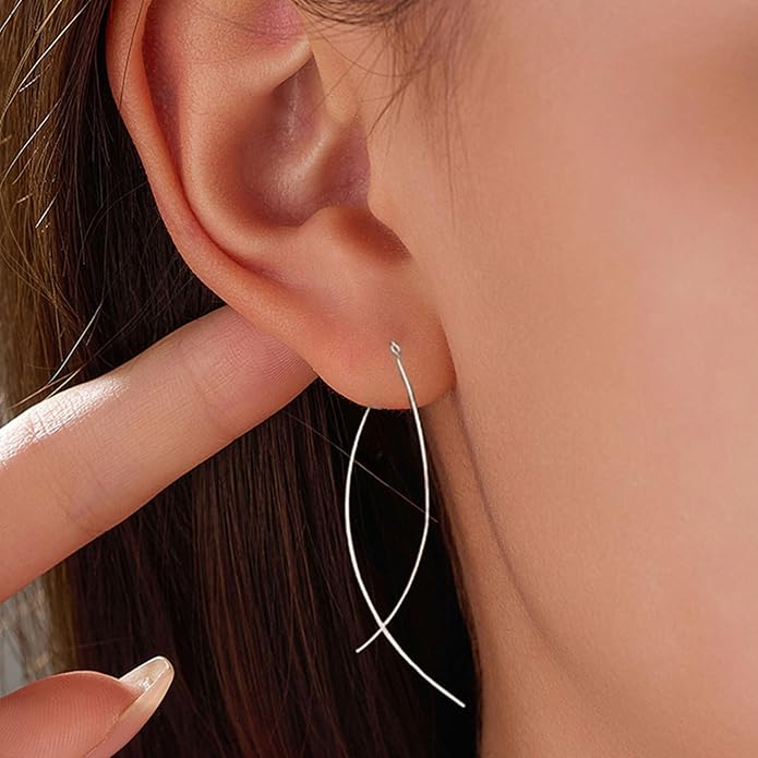 925 Sterling Silver Dainty Hard Wire Threader Dangle Earrings for Women 14k Gold Plated Tassel Threader Pull Through Long Half Hoop Earring Wedding Bridal Birthday Jewelry Gifts