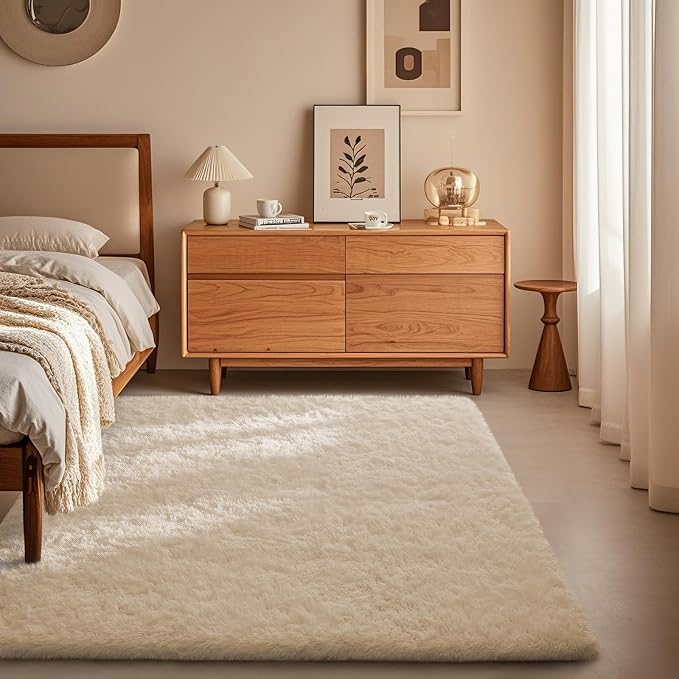 Ophanie 3x5 Rug, Bedside Preppy Dorm Area Rug, College Essentials Non Slip Ivory Small Carpets for Bedroom, Anti Slip Fluffy Living Room Rugs Home Decor with Over 99 pcs Pile fibers