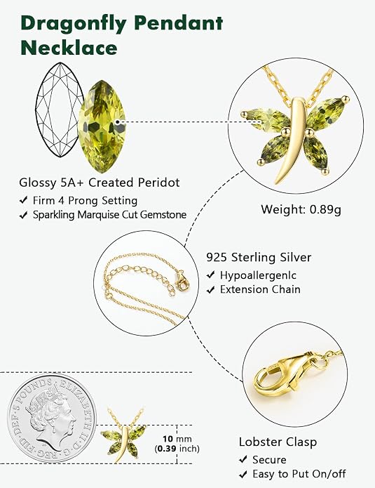 925 Sterling Silver Birthstone Necklaces for Women, Dainty Cute Dragonfly/Butterfly Pendant Necklace, Great Christmas/Anniversary Jewelry for Mother
