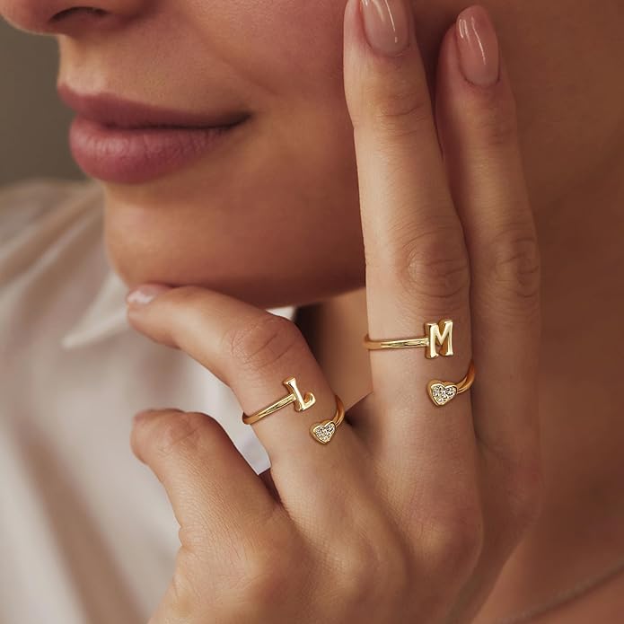 MILACOLATO 925 Sterling Silver Initial Rings for Women Teen Girl 18K Gold Plated Heart Initial Rings Adjustable Capital Letter Ring Stackable Thumb Pinky Rings for Daughter Birthday Bridesmaid Gifts Jewelry, A to Z